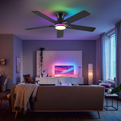 52" RGB Ceiling Fans with Lights and Remote/APP,Black Low Profile Ceiling Fans,Modern Flush Mount Ceiling Fans for Bedroom Kids Room