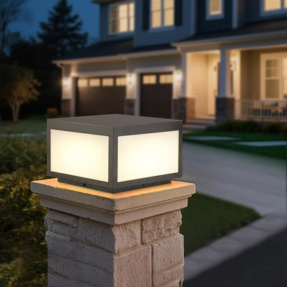 Outdoor Modern Post Light, 10" Hard Wired Pillar Lights Square Post Column Caps Lamp for Flat Surface, Electric Modern Fence Deck Cap Lantern Lighting for Patio Garden Driveways IP65 Waterproof