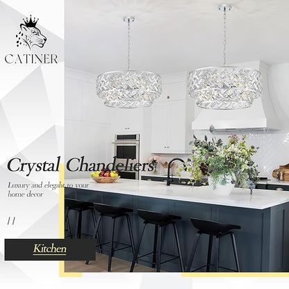 CATINER Chrome Crystal Chandelier, 8-Light Drum Semi Flush Mount & Pendant Ceiling Light, 24'' Modern Round Fixture for Living Room, Dining Room, Kitchen, Foyer, Bedroom