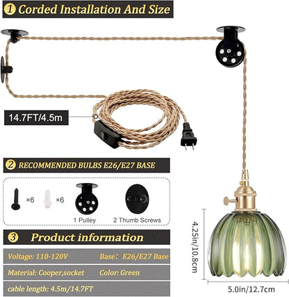 Shenmoyl Plug in Pendant Light Hanging Light Fixture Corded On/Off Switch Brass Pendant Light with Green Tulip Glass Lampshade for Bedroom Living Room Kitchen Island