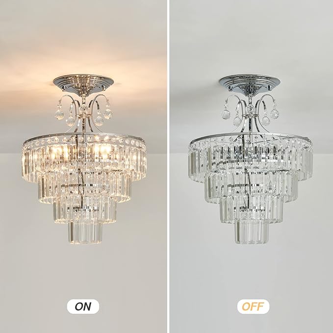 CVKASH 5 -Lights Crystal Chrome Chandelier Antique Modern Semi Flush Mount Ceiling Light Fixture Ceiling Lamp for Dining Room Kitchen Bedroom Living Room Hallway with E12
