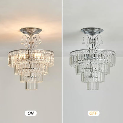 CVKASH 5 -Lights Crystal Chrome Chandelier Antique Modern Semi Flush Mount Ceiling Light Fixture Ceiling Lamp for Dining Room Kitchen Bedroom Living Room Hallway with E12
