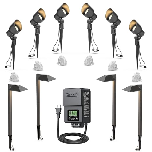 VENUS MANUFACTURING LED Landscape Lighting Kit 6 Spotlights 4 Path Lights with 200W Low Voltage Transformer for Outdoor Walkway Lights, Garden and Lawn Lights, Landscape Lighting