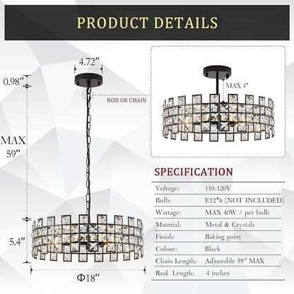 CATINER Black Crystal Semi Flush Mount Ceiling Light, 18'' Modern 6-Light Chandelier with G9 Base, Adjustable Crystal Ceiling Light Fixture for Dining Room, Bedroom, Entryway, Kitchen Island
