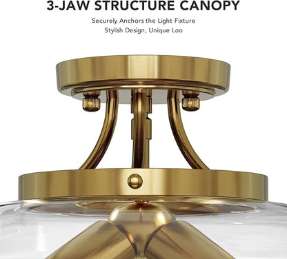 VONLUCE Semi Flush Mount Ceiling Light, 13.8" Ceiling Light Fixture with Clear Glass Shade, E26 Base, 3-Bulb Industrial Lighting Fixture for Hallway Entryway Bedroom, Brushed Gold, ETL Certificated