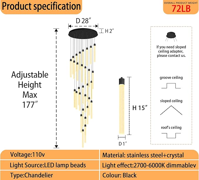 177‘’ Long Crystal Column Chandelier 30-Light Extra Large Black Staircase Chandelier High Ceiling Dimmable Led Ceiling Lighting Foyer Entryway Light Source is Replaceable