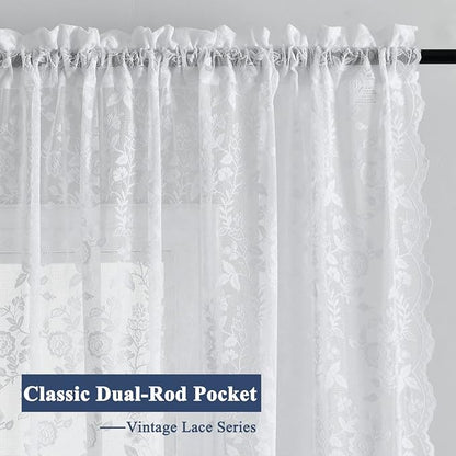 FINECITY White Lace Curtains 108 Inch Long, Vintage Country Floral Sheer Lace Curtains for Bedroom, Rod Pocket Privacy Scalloped Sheer Window Curtain, 52 x 108 Inch, 2 Panels, White