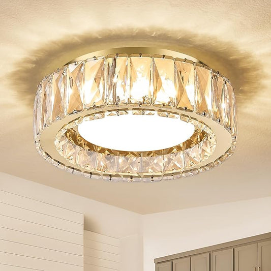 Gold Luxury Crystal Flush Mount Ceiling Lighting Fixture,11 Inch Small Dimmable LED Chandelier,5CCT 3000K-6000K 24W Modern Round Close to Ceiling Light for Hallway,Kitchen,Bedroom,Laundry Room