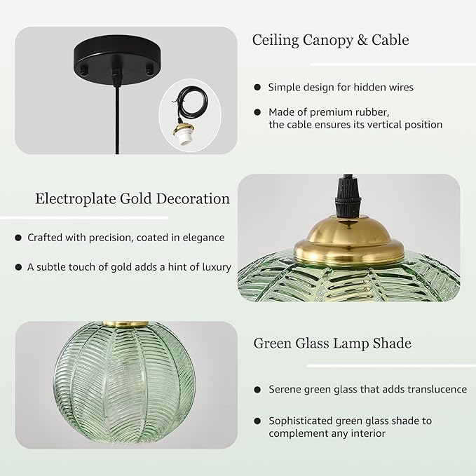 9.8'' Green Glass Pendant Lighting, Single Large Globe Chandelier with Ribbed Glass Lampshade, Nordic Ceiling Hanging Ball Light Fixture for Kitchen Island, Dining Living Room, Bedroom