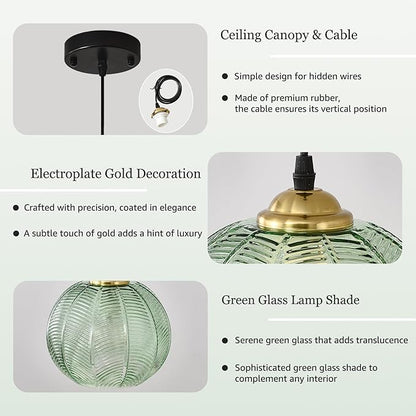 9.8'' Green Glass Pendant Lighting, Single Large Globe Chandelier with Ribbed Glass Lampshade, Nordic Ceiling Hanging Ball Light Fixture for Kitchen Island, Dining Living Room, Bedroom