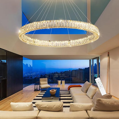 HAIXIANG Modern Crystal Chandelier Dimmable Large Ring LED Pendant Lights Adjustable Glam Chandeliers Lighting Fixtures for Dining Room Living Room Bedroom Gold Light