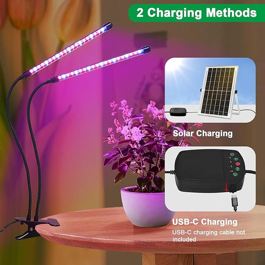 Solar Plant Grow Light with Battery Run Day/Night, 2 Heads 40 LED Clip On Full Spectrum Plant Light with 16.4FT Cable/USB Charging/Timer/Dimmable for Outdoor Indoor All Stage Plants