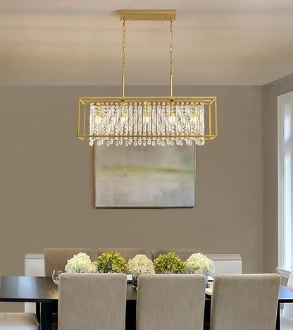 Siljoy Rectangular Gold Crystal Chandelier for Dining Room, 5-Light Modern K9 Crystal Raindrop Chandelier Luxury Crystal Pendant Ceiling Light for Living Room Kitchen Island L35.4'' x W11'' x H12''