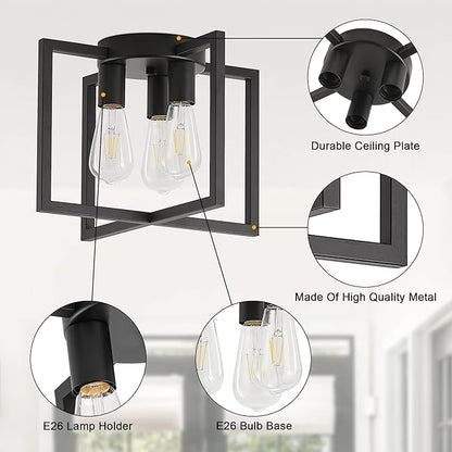 3-Light Ceiling Light Fixture, Black Semi-Flush Mount Chandelier with Geometric Metal Shade, Farmhouse Industrial Lighting for Kitchen Living Room Bedroom Hallway Foyer, E26 Base
