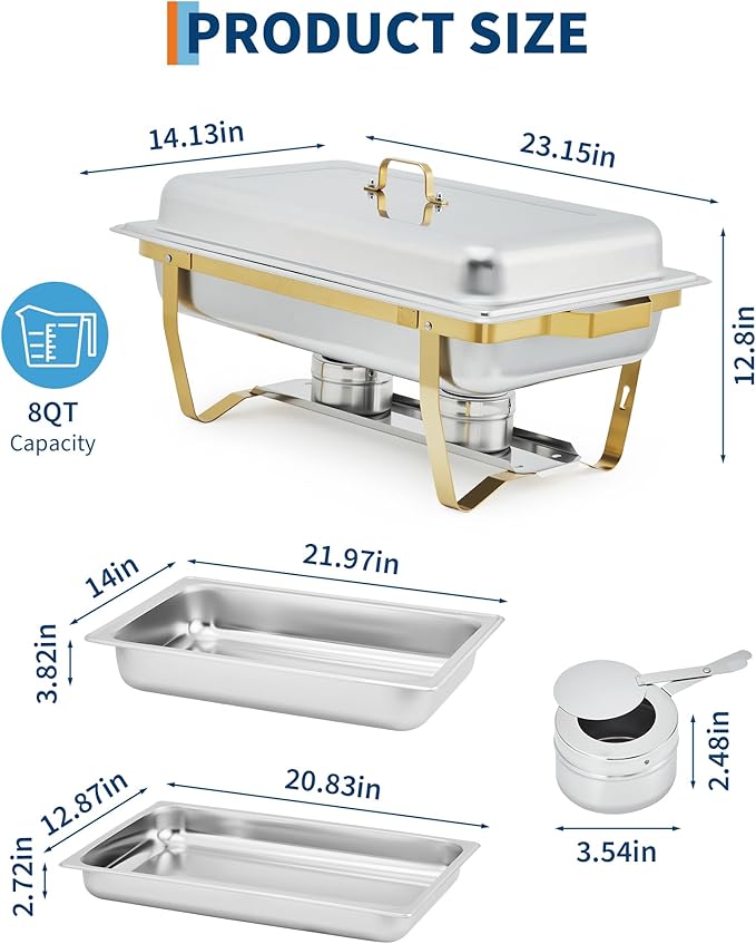 Garvee Chafing Dish Buffet Set 4 Pack, 8QT Buffet Servers and Warmers Set with Lid & Foldable Frame, Rectangular Stainless Steel Chafer Food Warmer for Parties Wedding Catering Supplies, Gold