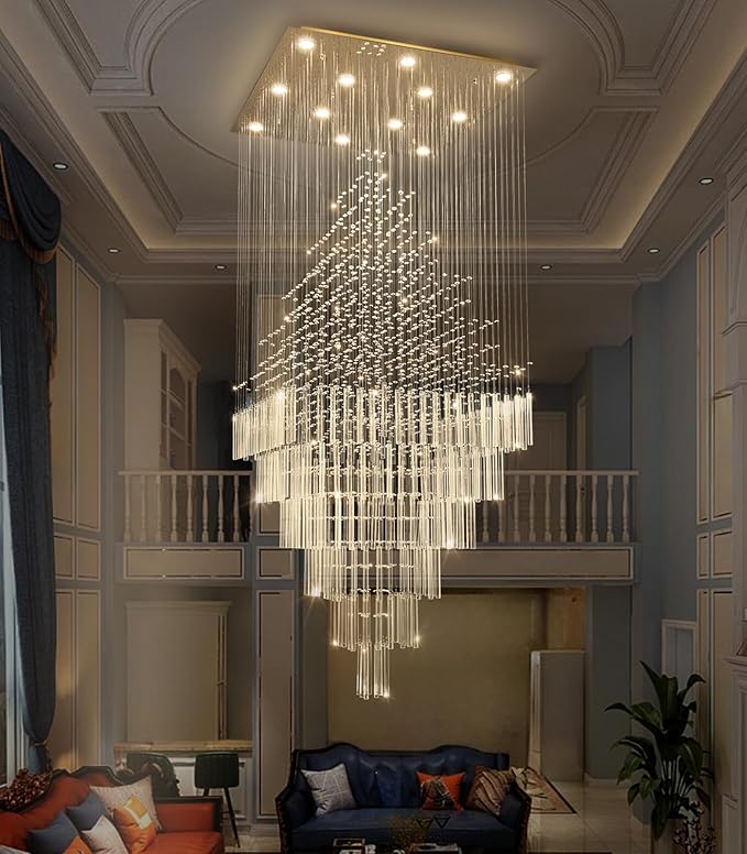 HAIXIANG W32 x H120 Glam Chandelier with LED Bulbs Square Chandeliers, Crystal Raindrop High Ceiling Pendant Light for Entrance Large Villa Foyer Lighting Fixtures Gold