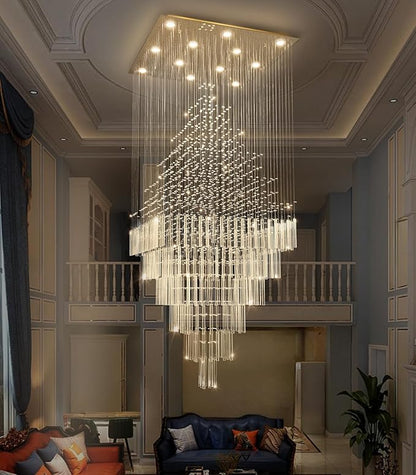 HAIXIANG W32 x H120 Glam Chandelier with LED Bulbs Square Chandeliers, Crystal Raindrop High Ceiling Pendant Light for Entrance Large Villa Foyer Lighting Fixtures Gold