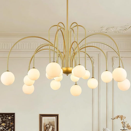 Extra Large Mid Century Sputnik Chandelier L59’’ 18 Lights Modern Gold Milk Glass Globe Ceiling Pendant Light Fixture for Foyer Staircase Living Dining Room High Ceiling