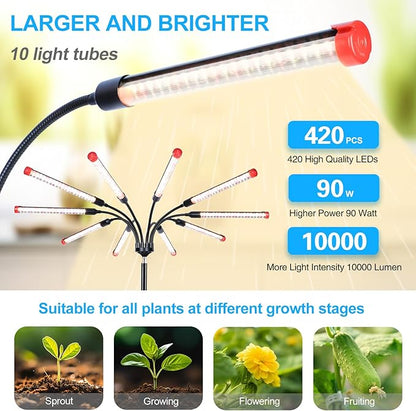 10Head Grow Light on Stand for Large&Tall Indoor Plants, Bonsai Tree, Bright and Big Coverage Plant Growing Lamps, 4/8/12/16/20H Timer, 90 Watt Power Draw, NO Need Adapter, 360° Gooseneck