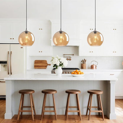 Amber Glass Pendant Lights Kitchen Island Globe Pendant Light Fixtures Modern Pendant Lighting for Bedroom Living Dining Room Light Fixture (9.84 in, 3 Pack)
