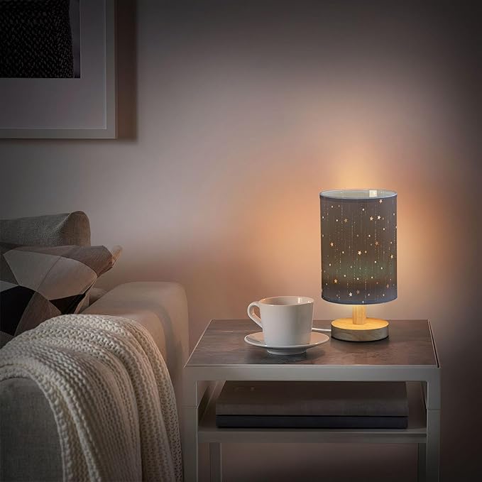 Galaxy and Star Rain Outer Space Dark Table Lamp with Wood Base Fabric Lamp Shade Bedside Nightstand Desk Lamp for Living Room Bedroom Kids Room Office