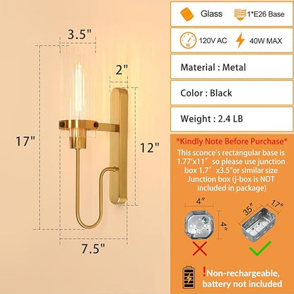 Gold Wall Sconces Set of 2, Modern Bathroom Lights with Clear Glass Shade, Indoor Farmhouse Wall Sconce for Living Room, Bedroom, Hallway, Vanity, Stairwell and Kitchen