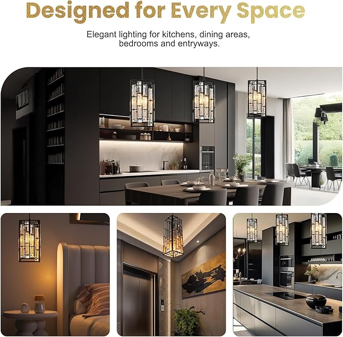 Black Crystal Pendant Lights for Kitchen Island, 3 Pack Modern Mini Hanging Light Fixtures with Adjustable Cord, E26 Ceiling Pendant Lighting for Dining Room, Entryway, Hallway, Bar