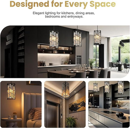 Black Crystal Pendant Lights for Kitchen Island, 3 Pack Modern Mini Hanging Light Fixtures with Adjustable Cord, E26 Ceiling Pendant Lighting for Dining Room, Entryway, Hallway, Bar