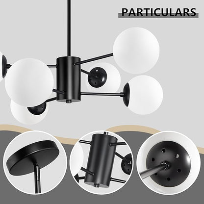 Bagood 6-Light Sputnik Chandelier Black Sputnik Chandeliers Modern Mid Century Globe Pendant Light Matte Black Finished with White Frosted Globe Glass Lampshade for Dining Room Bedroom Kitchen