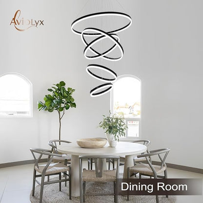 5 Rings Modern LED Chandelier Black Large High Ceiling Chandeliers with Remote Control Contemporary Pendant Light Dimmable for Staircase Entryway Living Room Foyer Villa(3000K-6500K D31.5)