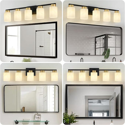 5-Light Bathroom Light Fixtures, Modern Vanity Lights, Black and Gold Metal Wall Lamp with White Marble Glass for Bathroom, Mirror, Living Room, Bedroom, Cabinet, Porch, Hallway, E26 Base