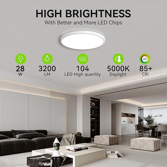 MODERN 28W 3200lm LED Flush Mount Ceiling Light, Super Slim 12 inch LED Ceiling Light, 5000K Daylight LED Ceiling Light for Bedroom, Living Room, Dining Room,Garage and Office… (5000K-8 Pack(White))