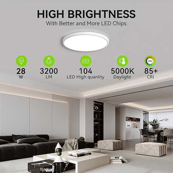 Modern 28W 3200lm LED Flush Mount Ceiling Light, 12in Slim 5000K Daylight Light for Basement, Kitchen, Living Room, Office, Garage (12 Pack - White)