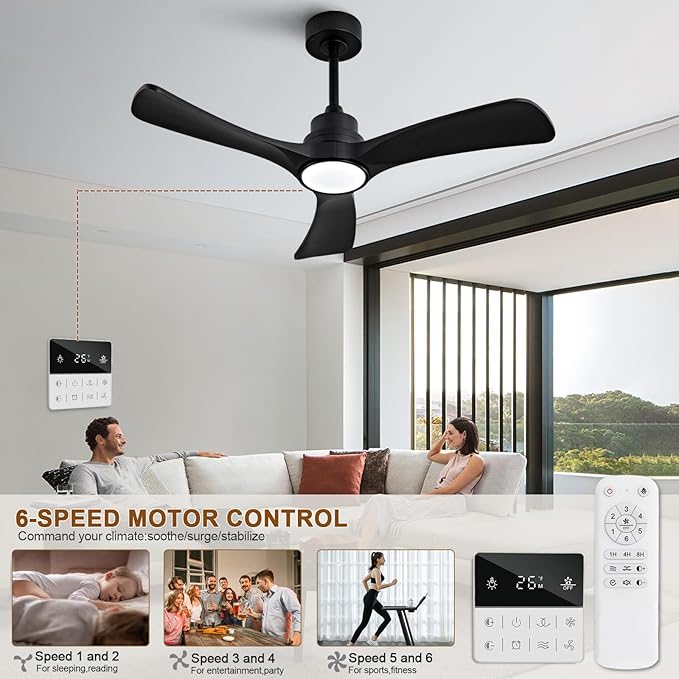 Black Ceiling Fan with Light,42 inch Solid Wood Ceiling Fan,Remote Control,Wall Switch,Dimmable,Reversible Quiet DC Motor,Power Off Memory Modern Ceiling Fans for Bedroom Patio Indoor/Outdoor