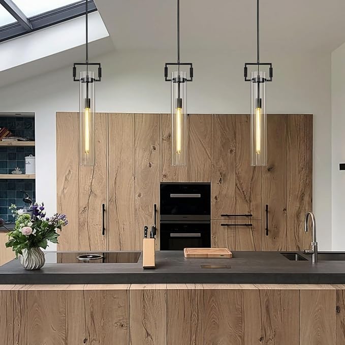 21.6'' Black Pendant Lights Kitchen Island, Modern Large Kitchen Pendant Lighting Over Island,Long Glass Pendant Light Fixtures for Dinning Room Bedroom Bathroom