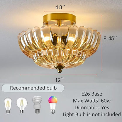 Semi Flush Mount Ceiling Light, 12 Inch Vintage Gold Fixture with Amber Glass Shade, 3-Light Close to Ceiling Lighting for Hallway, Entryway, Bedroom, Bathroom，Kitchen, Mid Century Modern