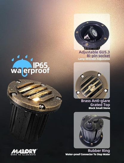 MALORY Brass Top Cover Landscape Well Lights,(5''H) 12V Low Voltage Outdoor In Ground Lights,Landscape Lighting for Pathway, Driveway and Garden 10 Pack with MR16 Bulb (Grated Top, 10-Pack with Bulb)