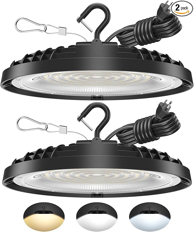 2 Pack 200W UFO LED High Bay Light, Adjustable Wattage 200W/150W/100W, 3-Color Temperature (3500K/5000K/6500K), 28,000LM, AC100-277V, Dimmable LED Shop Lights Fixture for Warehouse, Garage, Factory