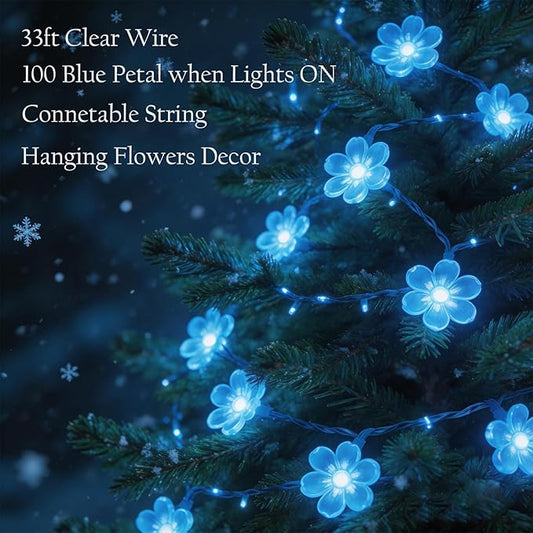 Blue Flower String Lights Indoor Outdoor Decorations, 33ft Connectable Clear Wire 100 LED Cherry Blossom Fairy Light with 8Mode & Memory for Christmas Easter Birthday Wedding Party Bedroom Décor