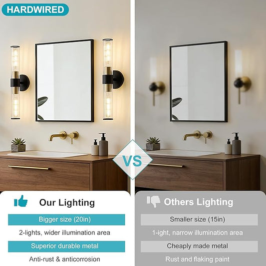 Bathroom Light Fixtures 2 Pack Hardwired, Black Gold Wall Sconce Threaded Glass Vanity Light Featuring Two E26 sockets, Bathroom Wall Light Dimmable - Bulb Not Included, UL Certification