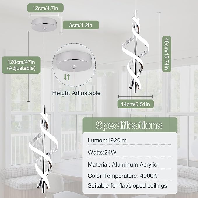 Modern LED Pendant Light Fixtures 4000K Pendant Lights Chrome Hanging Lamp for Dining Room Bedroom Living Room (1 Pack)