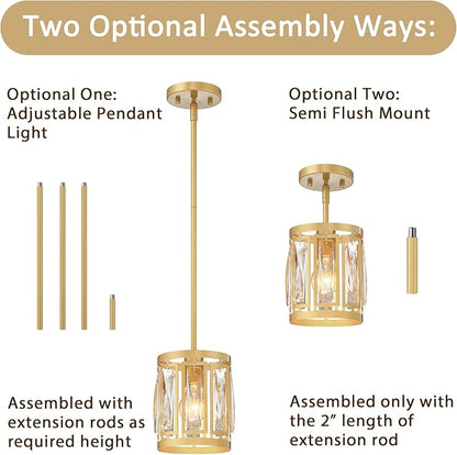 2 Pack Gold Pendant Lights Kitchen Island, Crystal Pendant Light, Adjustable Hanging Light Fixture for Dining Room, Living Room, Kitchen
