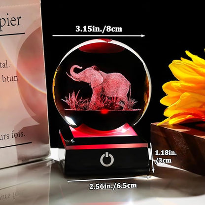 Arikyrist 3D Crystal Ball Elephant Figurine with Colorful Light Base, Laser Elephant Gifts for Women Men, Glass Elephants Statue Decorative Ball for Home Office (80mm)