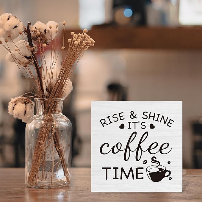 Farmhouse Coffee Bar Decor Sign, It's Coffee Time Wood Block Sign for Home Kitchen Bar Tabletop Decoration 5 x 5 Inches