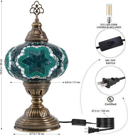Turkish Mosaic Table Lamp with Bulb – Handmade Turquoise-Teal Stained Glass Light, Vintage Bohemian Bedroom & Living Room Decor, E12 Socket & US Plug