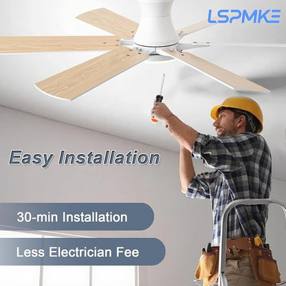 Ceiling Fans with Lights, 52" Flush Mount Ceiling Fan with Light and Remote, Quiet, Reversible, 3CCT, Dimmable, White, RGB, Low Profile Ceiling Fan for Bedroom, Living Room, Indoor/Outdoor Use