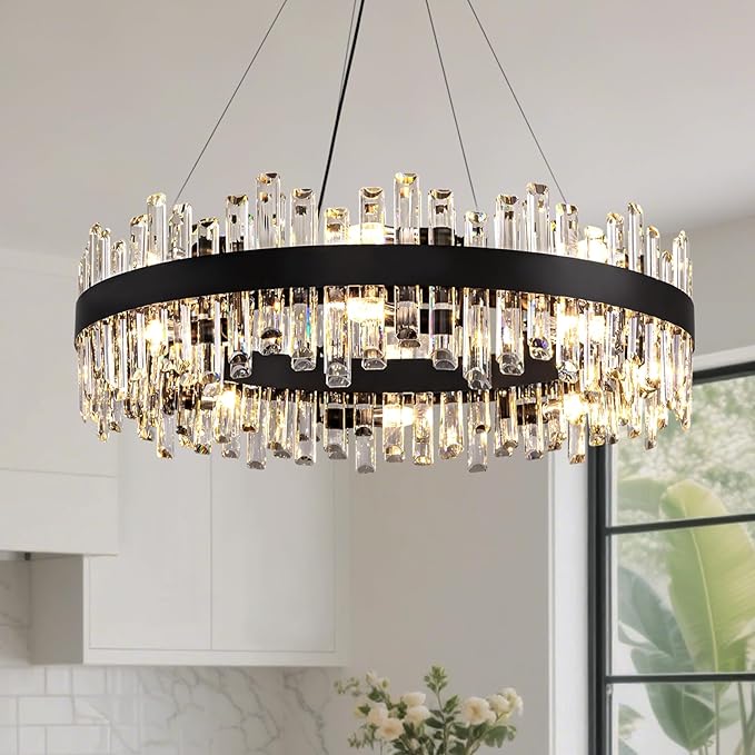 Modern Crystal Chandelier 16-Light Black Round 2 Tiers Raindrop Chandelier for Dining Room Luxury Large Flush Mount Ceiling Light for Living Room Entryway Foyer Bedroom D31.5''