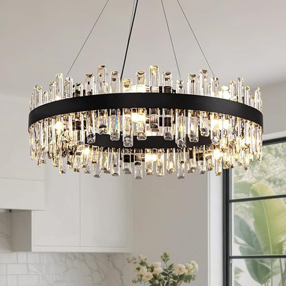 Modern Crystal Chandelier 16-Light Black Round 2 Tiers Raindrop Chandelier for Dining Room Luxury Large Flush Mount Ceiling Light for Living Room Entryway Foyer Bedroom D31.5''