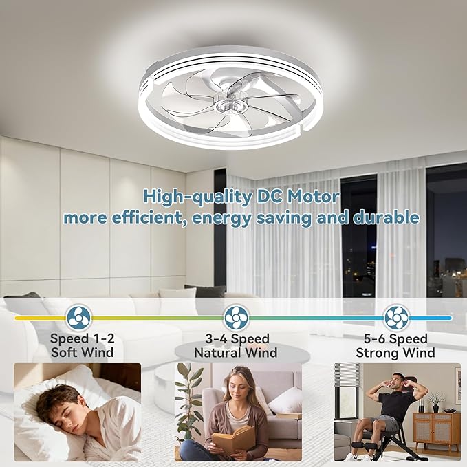 AIKVSXER Ceiling Fans with Lights,20 Inch Low Profile Fandelier with APP Control, Ultra Quiet,3CCT and 6 Wind Speeds for Bedroom, Living Room Modern Flush Mount Fan Light (White, 20inch-Stripe Fold)