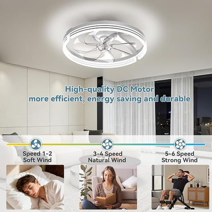 AIKVSXER Ceiling Fans with Lights,20 Inch Low Profile Fandelier with APP Control, Ultra Quiet,3CCT and 6 Wind Speeds for Bedroom, Living Room Modern Flush Mount Fan Light (White, 20inch-Stripe Fold)